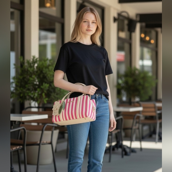 Betsey Johnson Pink Multi Striped Shoulder Bag with Floral Charm, NWT - Picture 2 of 5